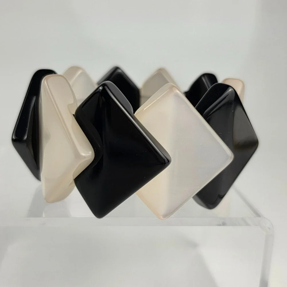 Vintage Giorgio Armani Geometric Resin Block Bracelet Logo w/Dustbag Black White